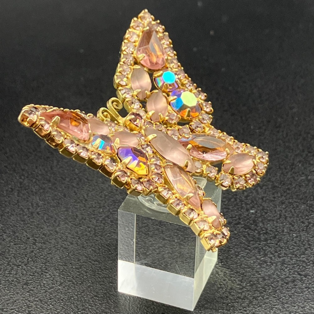 Signed Weiss Butterfly Brooch Pink Frost AB Rhinestone Gold Tone 1950s - Picture 5 of 9